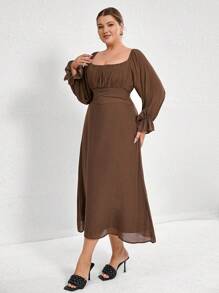 Aveloria Modichic Plus Size Deep Brown Mulberry Silk Bamboo Texture Round Neck Cinched Waist Ruffle Cuff Long Sleeve Dress - Coffee Brown - View 7