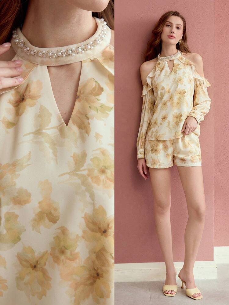 FLORAL PRINT COLD SHOULDER BLOUSE