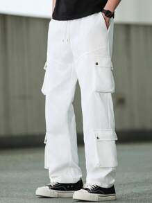 Manfinity Roghcode Men's Solid Color Drawstring Waist Loose Casual Multi-Pocket Cargo Pants,Cargo Pants Men Baggy - White - View 5