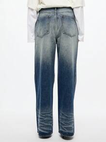 SUMWON WOMEN Pantalones vaqueros holgados de pierna ancha, lavado vintage, de cintura alta, de ajuste relajado, estilo Y2K, ropa de calle, pantalones vaqueros casuales de moda de otoño e invierno