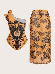 Swim Oasis 1 Set Plus Size Women Patterned Vintage Halter Monokini Set With Wrap Skirt, Casual Beach Vacation Swimwear For Summer - Multicolor - View 2