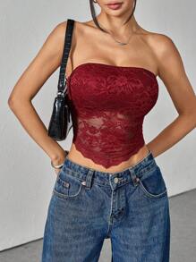 SHEIN PETITE 女士花卉蕾丝不对称下摆抹胸，时尚 - 酒紅色 - 查看 6
