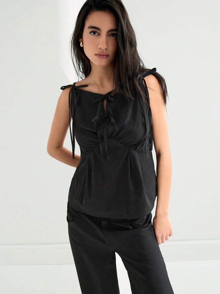 SHEIN Maija Lässige Bluse mit Schleifen-Besatz in Schwarz, modische Freizeitkleidung, Neuheit Frühling Sommer 2025