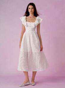 SHEIN MOD Women's White Summer Cottage Core Tea Party Dress,Front Buttoned Double Ruffled Bohemian Pastoral Spring Brunch Holiday Country Easter Dress - White - View 1