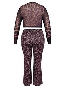 Plus Size Women 2 Pieces Set Leopard Print Long Sleeve Top And Pants, Casual Stylish Outfit For Summer - Multicolor - View 6