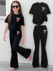 Sparklyn Tween Girls Cherry Fruit Graphic Short Sleeve T-Shirt And Shorts 2 Pieces Casual Activewear Set, Knit Fabric For Spring/Summer Summer Holiday - Black - View 1