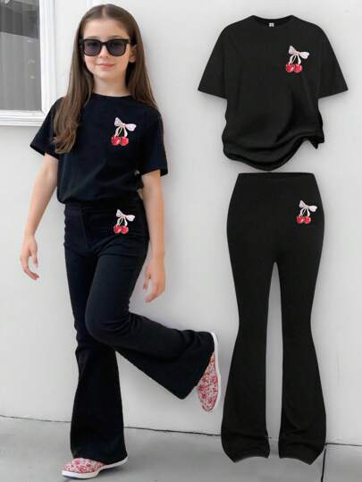 Sparklyn 青少年女孩樱桃水果图案短袖 T 恤和短裤两件套休闲运动服套装，针织面料，适合春夏季