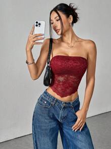 SHEIN PETITE 女士花卉蕾丝不对称下摆抹胸，时尚 - 酒紅色 - 查看 3