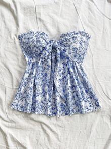 SHEIN PETITE CURVE 大码女式花卉印花前扭纹抹胸上衣休闲/度假装乡村音乐会 - 藍白色 - 查看 4