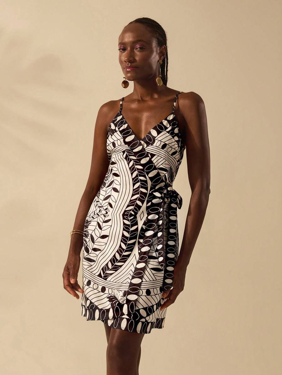 CAJUNI 女士波西米亚风热带黑色花卉印花短款裹身式连衣裙，休闲/海滩度假迷你连衣裙