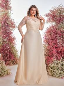 SHEIN Belle Vestido elegante de dama de honor con apliques de encaje en color dorado champán, tallas grandes - Champán - Ver 6
