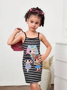 Young Girl Striped Knit Cute Girl Print Camisole Dress