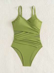 SHEIN Swim Traje de baño de una pieza con tirantes tipo espagueti, parches de malla y unicolor para playa/vacaciones - Verde - Ver 7