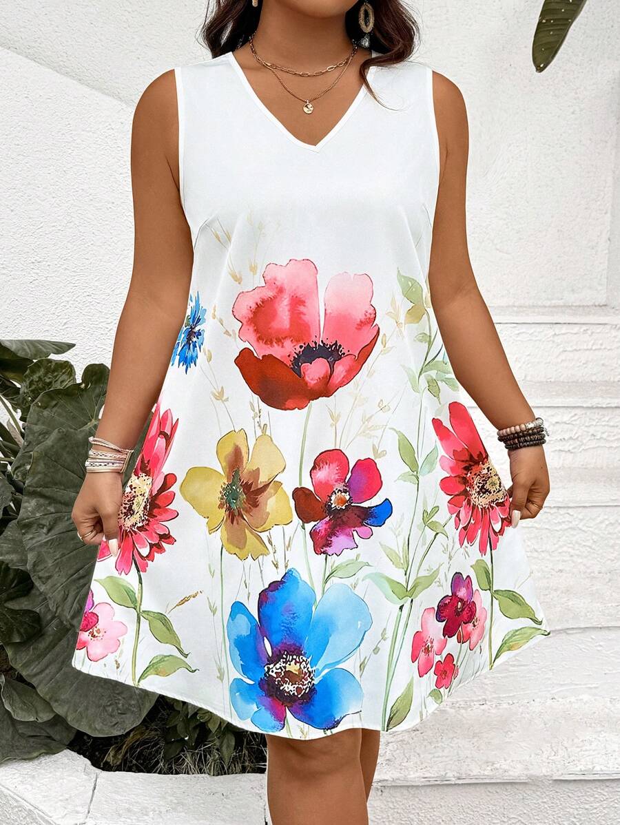 Luneh Plus Size Floral V-Neck Sleeveless Dress Spring Outfits For Women ...