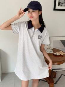 DAZY Tween Girl Front Zipper Short Sleeve Simple Casual Dress, Daily Wear - Grey - View 1