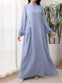 Al Najma 女士拉链长袖时尚口袋温柔优雅阿拉伯风格连衣裙，休闲运动风，适合日常休闲/工作/返校，超长阿拉伯连衣裙，端庄 - 藍色 - 查看 6