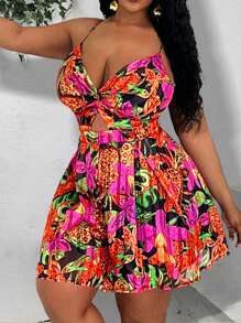 Slaydiva 2025新款情人节花卉印花雪纺扭纹吊带连体裤，优雅性感少女偶像，适合节日/新年/约会 - 玫紅色 - 查看 8