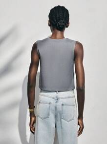 Lumivelle Women's Spring/Summer V-Neck Diagonal Front Button Vest Design Grey Thin Suit Jacket