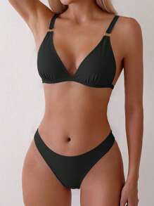 SHEIN Swim 2026 Spring/Summer Women's Adjustable Strap Silver Ring Clasp V-Neck Black Side High Cut Bottoms Holiday Bikini Swimsuit 2-Piece Set - Black - View 8
