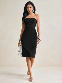 Ella Moore Schwarzes einfarbiges Kleid im Korsett-Stil mit Schnürung, wadenlang, trägerlos, Midi-Länge, sexy, für Rave, Abiball