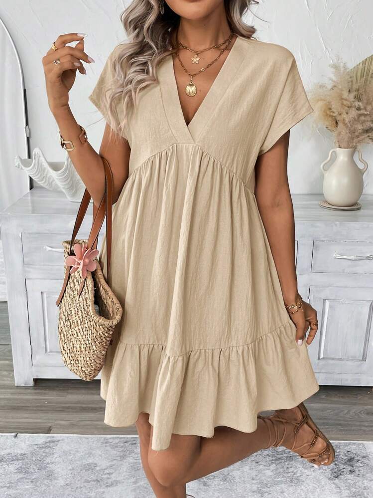 SHEIN LUNE Vestido Casual de Verão Romântico para Praia Curto e Rosa para Mulheres - Caqui - Visão 7