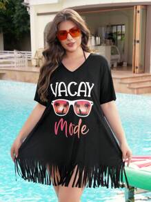 Swim Lushoire Women Plus Size Printed V-Neck Short Sleeve Loose Beach Coverup For Summer Beach Vacation - Black - View 5