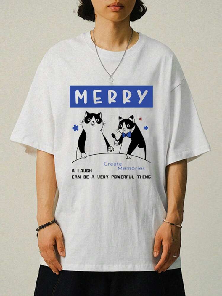 Cartoon Cat & Letter Print White T-Shirt For Men, Summer,Graphic Tees