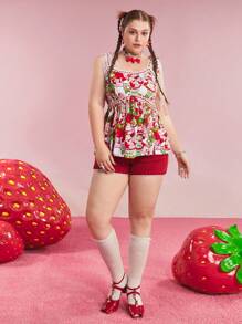 Strawberry Shortcake X SHEIN 加大码卡通草莓印花喇叭下摆夏季吊带背心上衣系带前上衣狂欢节/音乐会女士/狂欢/乡村音乐会/纳什维尔/伊比沙岛 Y2k - 彩色 - 查看 5