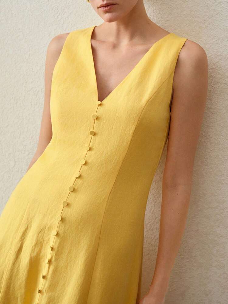 VESTIDO DE MEZCLA DE LINO MIDI DE CORTE EVASÉ CON CINTURA CEÑIDA Y CUELLO EN V PARA MUJER