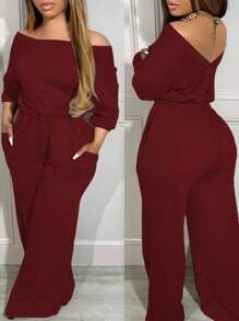 Slaydiva Plus Size Solid Color Loose Elegant Wide Leg Jumpsuit