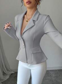 Elenzga Áo sơ mi nữ cổ bẻ màu hồng có túi giả - Xám - Xem 3