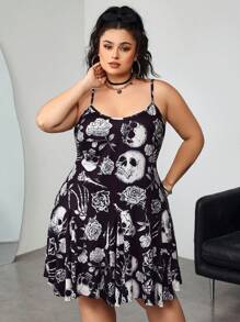 SHEIN CURVE+ Casual Minimalist Skeleton Print Sleeveless A-Line Hem Summer Mini Dress, Black & White Skeleton Graphic Music Festival Dress - Black and White - View 5