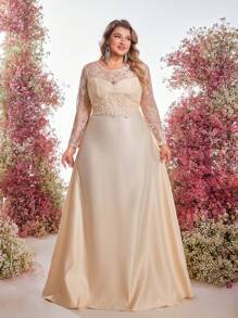 SHEIN Belle Vestido elegante de dama de honor con apliques de encaje en color dorado champán, tallas grandes - Champán - Ver 4