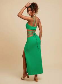 Travachic 2pcs Women Solid Color Cross Tie Blouse & Skirt Set,Vacation Outfits Woman,Sundresses For Vacation,Beach Vacation Outfits,Tropical Vacation Woman Clothes,Summer Outfits For Women,Sundress,Everyday,Backless,Women,Suitable For Party, Date, Afternoon Tea, Summer Outfit, Beach Vacation, Music Festival,Boho Chic,Green 2pcs - Green - View 2