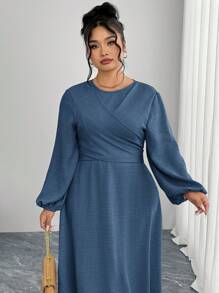 Modelyn 大码女式优雅纯色圆领灯笼袖连衣裙 - 藍色 - 查看 4
