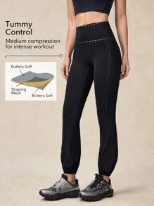 OutZeal Tummy Control Sweat Wicking Zip Pocket Jogger Workout Leggings Women Sports Pants For Hiking - Black - View 2