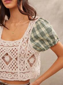 WESTFADE Western Mixed Media Faux Crochet & Plaid Spring Break Crop Top Summer Beach Vacation