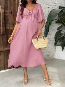 SHEIN Casual Maternity Midi Dress With Bow Front & Ruffle Sleeves - Dusty Pink - View 1