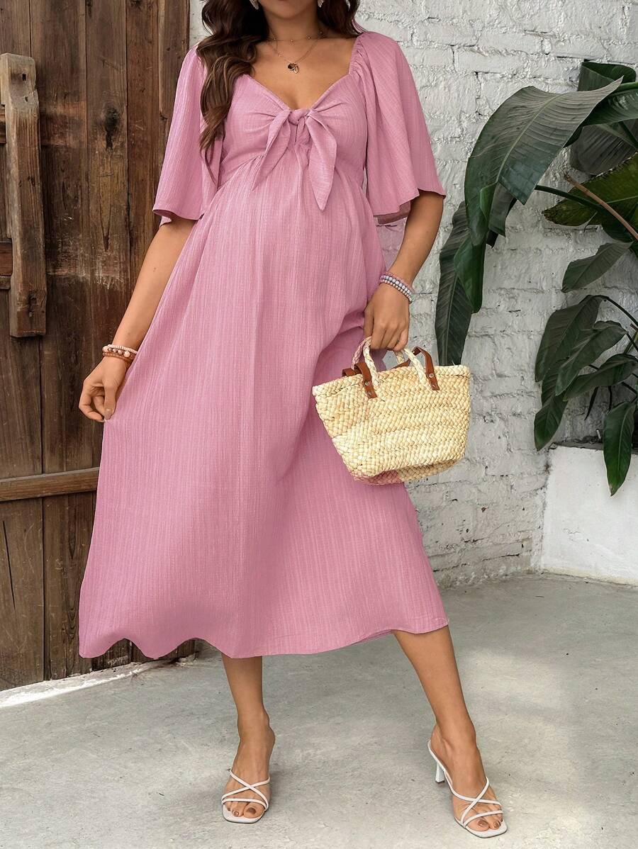 SHEIN Casual Maternity Midi Dress With Bow Front & Ruffle Sleeves - Dusty Pink - View 1