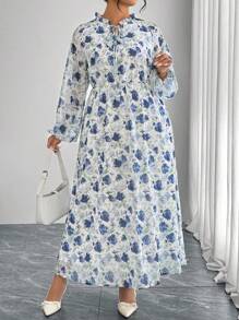 Modelyn Elegant Random Floral Print Chiffon Ruffled Collar Plus Size Women Dress - Blue - View 4