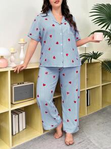SHEIN Blue Striped Heart Print Lapel Short Sleeve Top & Long Pants Plus Size Pajama Set - Multicolor - View 4
