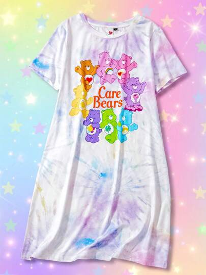 SHEIN X Care Bears Women's Tie-Dye Cute Casual Cartoon Cheer Bear, Funshine Bear, Good Luck Bear, Love-A-Lot Bear, Wish Bear, Share Bear, Tenderheart Bear Pattern Short Dress, Short-Sleeved T-Shirt Dress, Concert Outfit, Spring And Summer