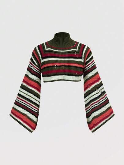 Hippie Suéter vintage de cuello alto desgastado con mangas cortas acampanadas y bloqueo de color