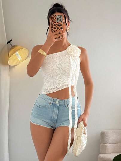 Chiquease Women 3D Floral Solid Color Asymmetrical Shoulder Top, Minimalist Style Suitable For Summer