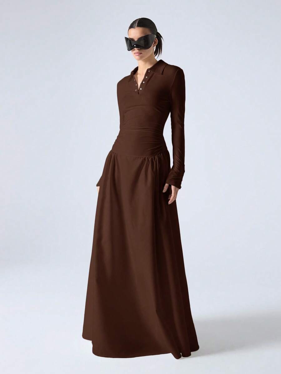 LYSMO V-Neck Patchwork Buttoned High-Low Cinched Waist Dress With Elegant Design - Brown - View 1