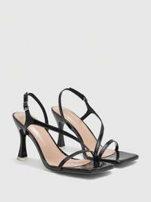 CUCCOO BIZCHIC 女士百搭黑色漆皮不对称系带方头细高跟凉鞋，百搭通勤和度假风格 - 黑色 - 查看 7