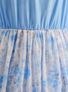 SHEIN Tween Girls' Elegant Rose Floral Print Sleeveless High Waist Ruffled Chiffon Mini Dress, Blue, Suitable For Flower Girl Wedding - Blue - View 4