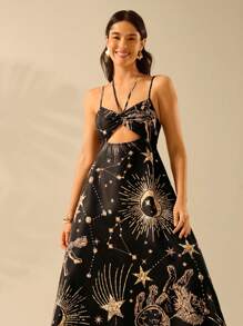 CAJUNI Váy dây mảnh in họa tiết ngôi sao mặt trăng nhiệt đới Boho cổ điển cho nữ, phong cách kỳ nghỉ - Nhiều màu - Xem 1