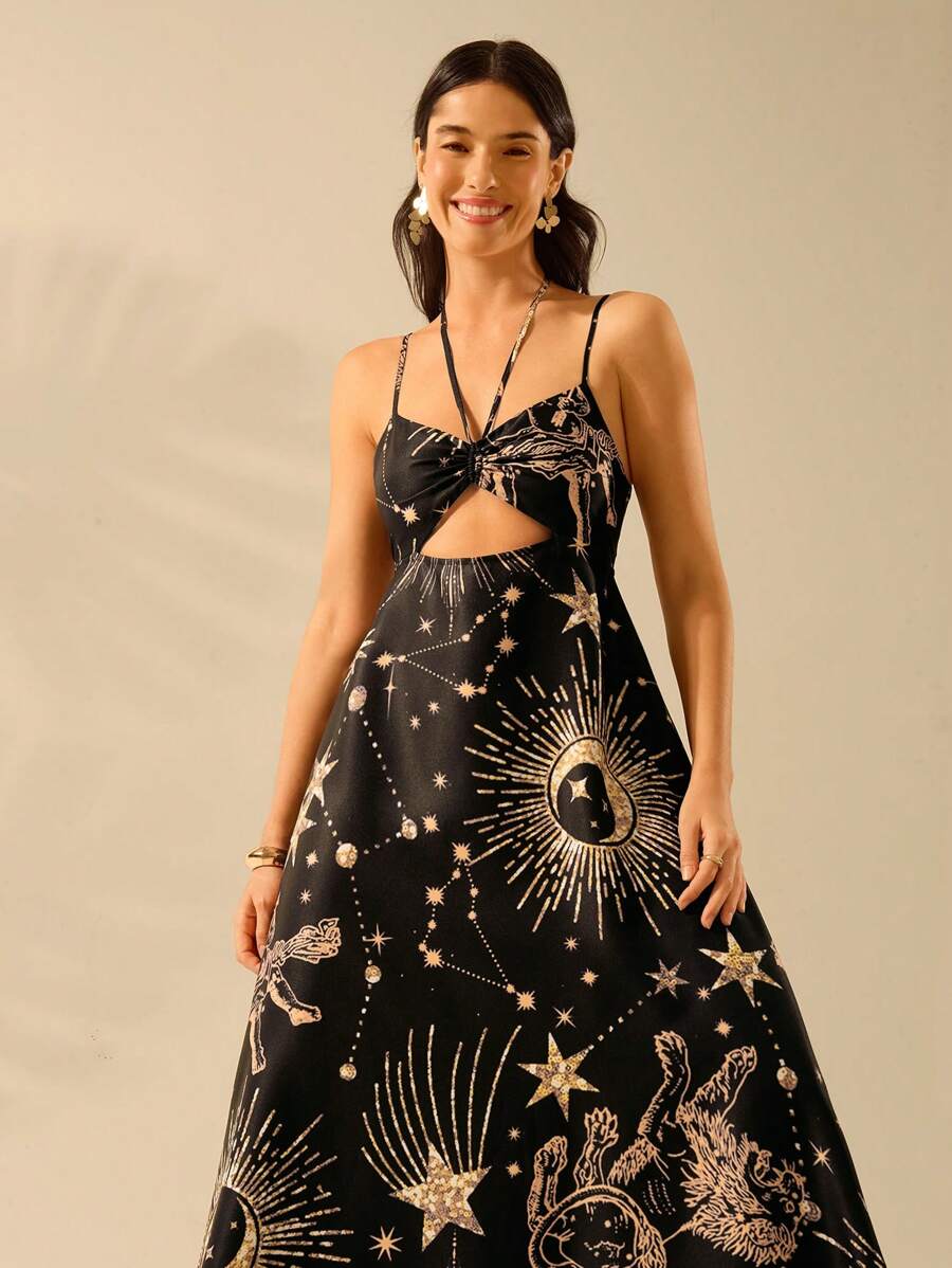 CAJUNI Váy dây mảnh in họa tiết ngôi sao mặt trăng nhiệt đới Boho cổ điển cho nữ, phong cách kỳ nghỉ - Nhiều màu - Xem 1