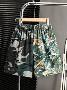 Shorts casuales y cómodos para niños preadolescentes con estilo callejero, de punto suelto con estampado de camuflaje y hoja marchita, aptos para la escuela, el jardín, la playa y cumpleaños en primavera/verano